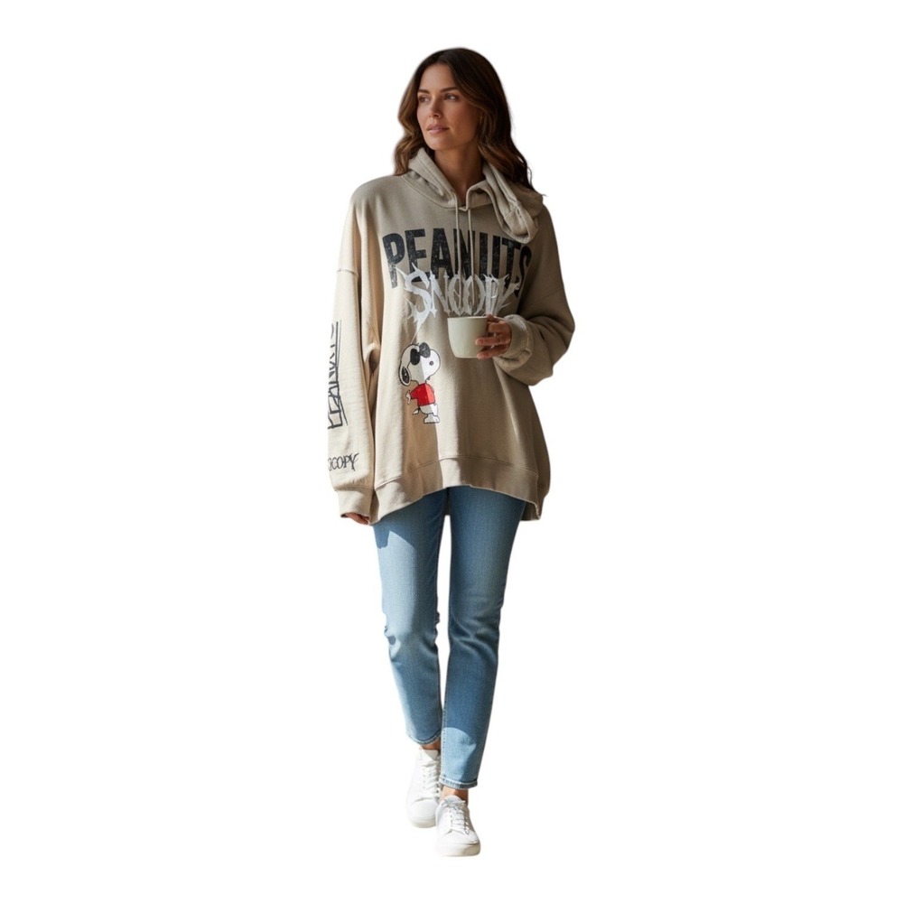Peanuts Snoopy Joe Cool Oversized Graphic Hoodie Khaki Tan Women L Pullover - Picture 2 of 12